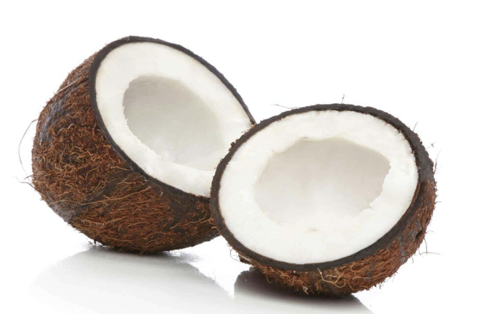 Two open coconuts with brown shells and white interiors on white background fresh tropical fruit Wallpaper