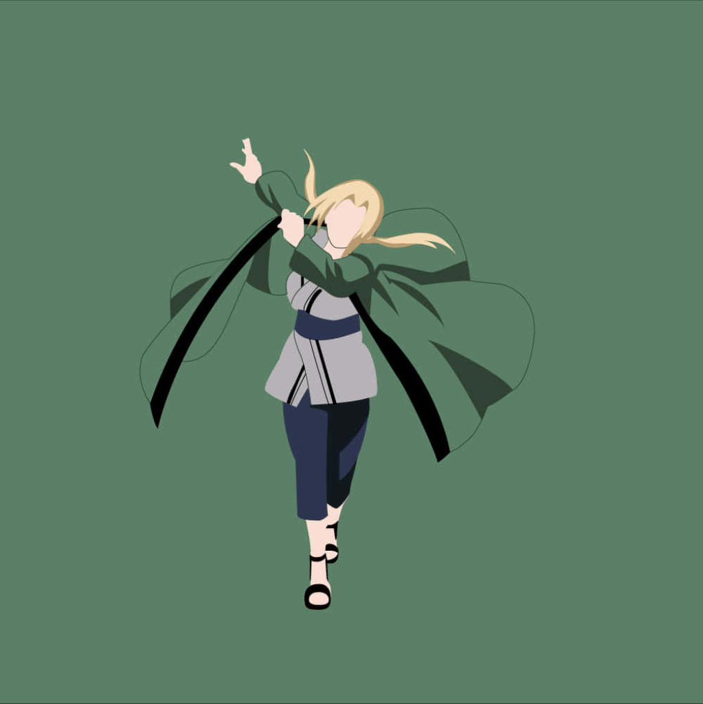 Minimalist vector iPhone wallpaper of Tsunade Naruto in dynamic pose on sage green background