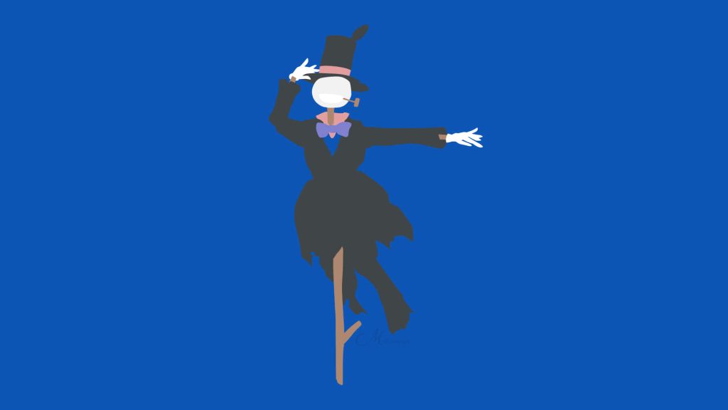Minimalist wallpaper of Turnip Head from Howls Moving Castle with blue background and top hat
