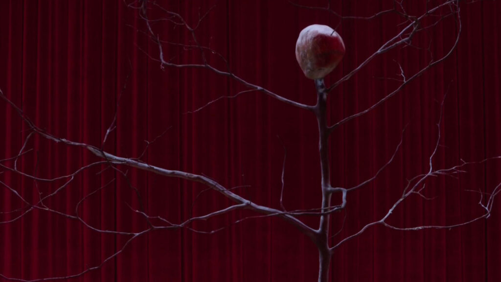 Eerie Twin Peaks-Inspired Minimalist Wallpaper: Leafless Tree & Fruit