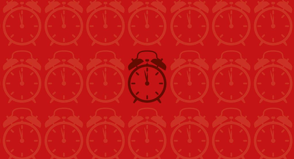 Minimalist wallpaper with repeating twin-bell alarm clocks and a bold dark red clock center