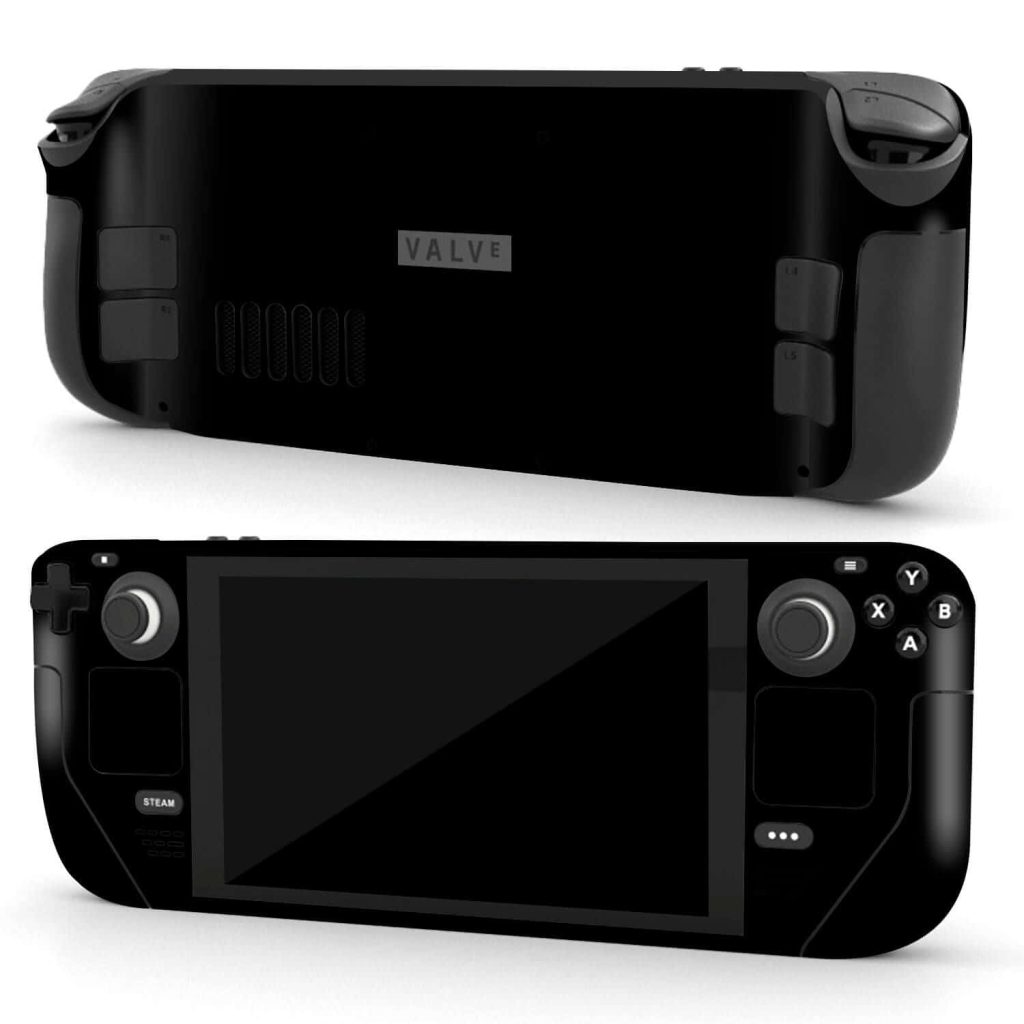 Minimalist black Valve Steam Deck handheld gaming console front and back on white background wallpaper