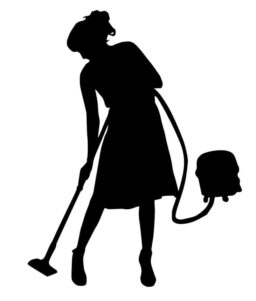 Minimalist Black and White Housekeeper Vacuuming Vector Art Wallpaper