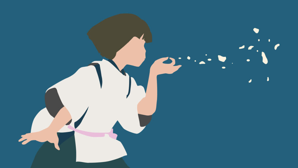 Minimalist Vector Wallpaper: Character Blowing Petals on Blue