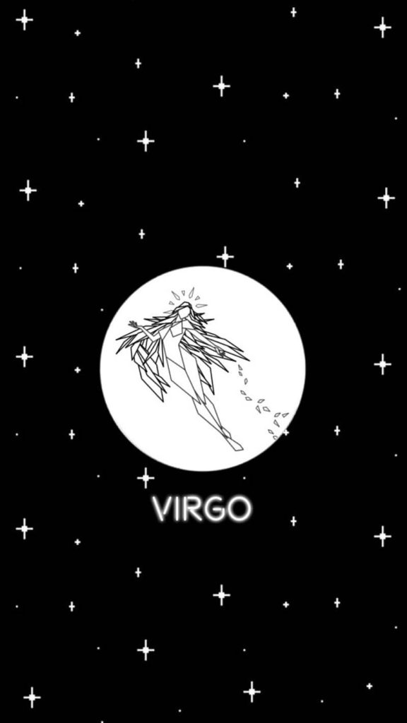 Minimalist Virgo zodiac wallpaper with geometric maiden inside white moon on starry black sky