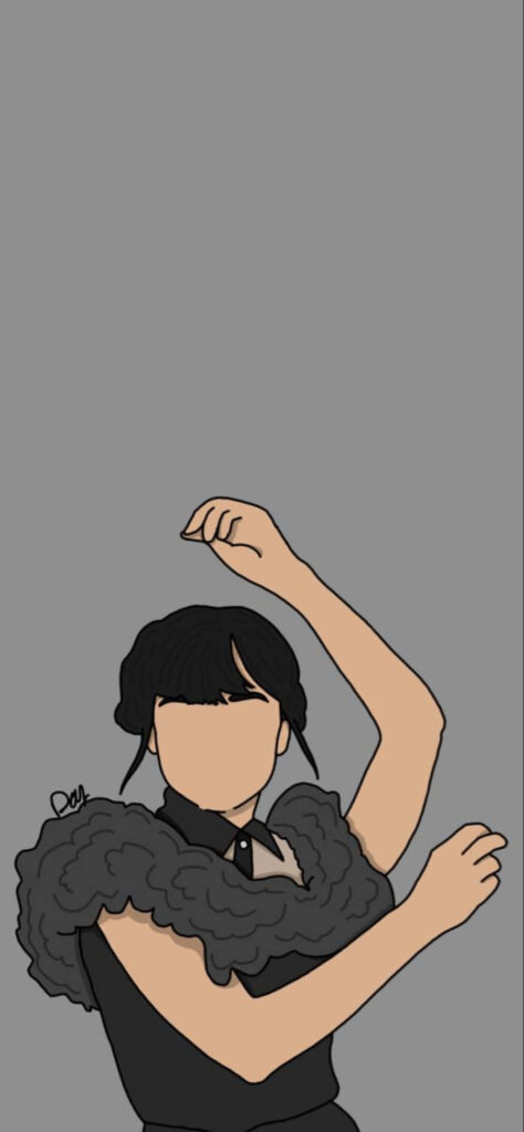 Whimsical Character Dance: Minimalist Dark Hair Illustration Wallpaper