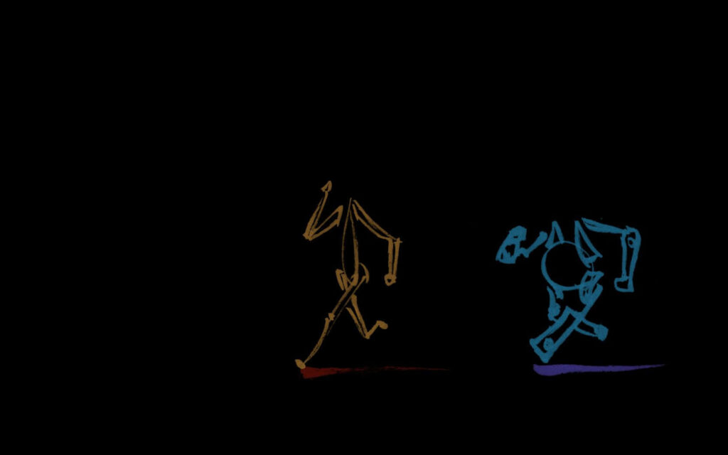 Minimalist Neon Wallpaper: Abstract Yellow & Blue Figures in Motion