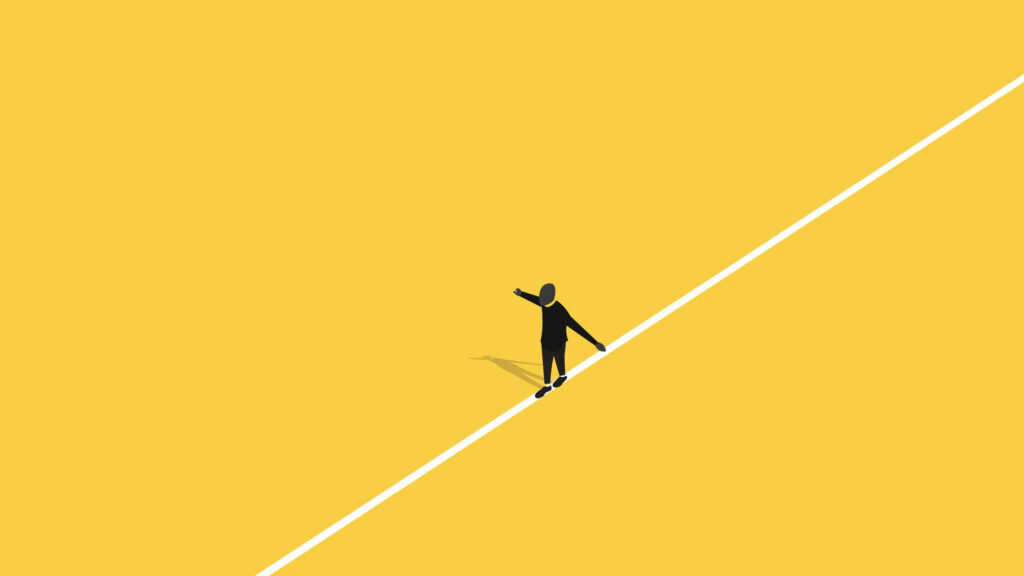 Minimalist Balancing Act Wallpaper: White Tightrope on Yellow Background