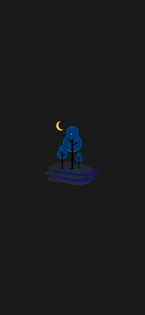 Minimalist Blue Trees Wallpaper: Night Sky with Crescent Moon