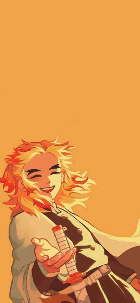 Minimalist Character Wallpaper: Fiery Hair & Sword on Orange Background