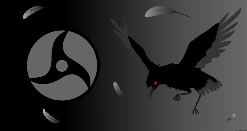 Minimalist Dark Gradient Wallpaper with Sharingan Eye & Crow Design