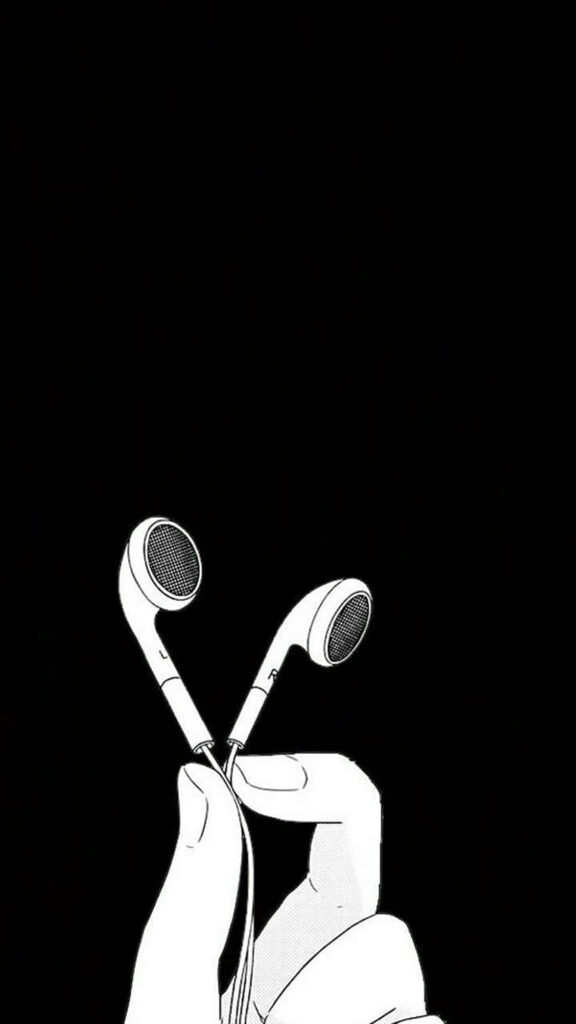 Minimalist Wallpaper: Hand Holding Earbuds on Black Background