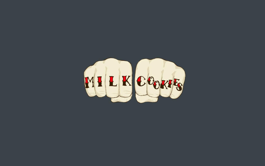 Minimalist Wallpaper: 'MILK COOKIES' Knuckle Tattoo on Dark Background