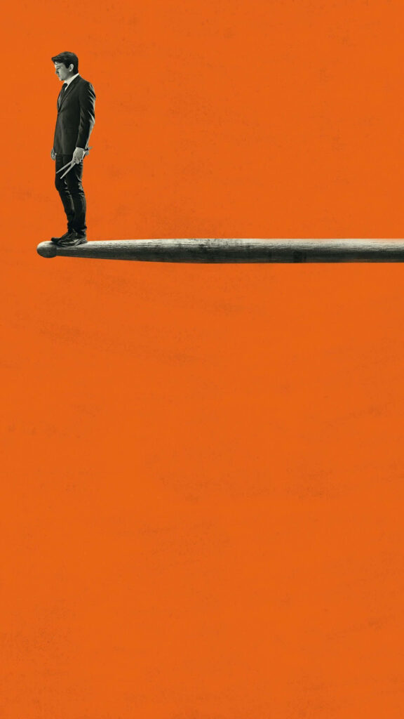 Minimalist Wallpaper: Man Balancing on Drumstick Against Orange Backdrop
