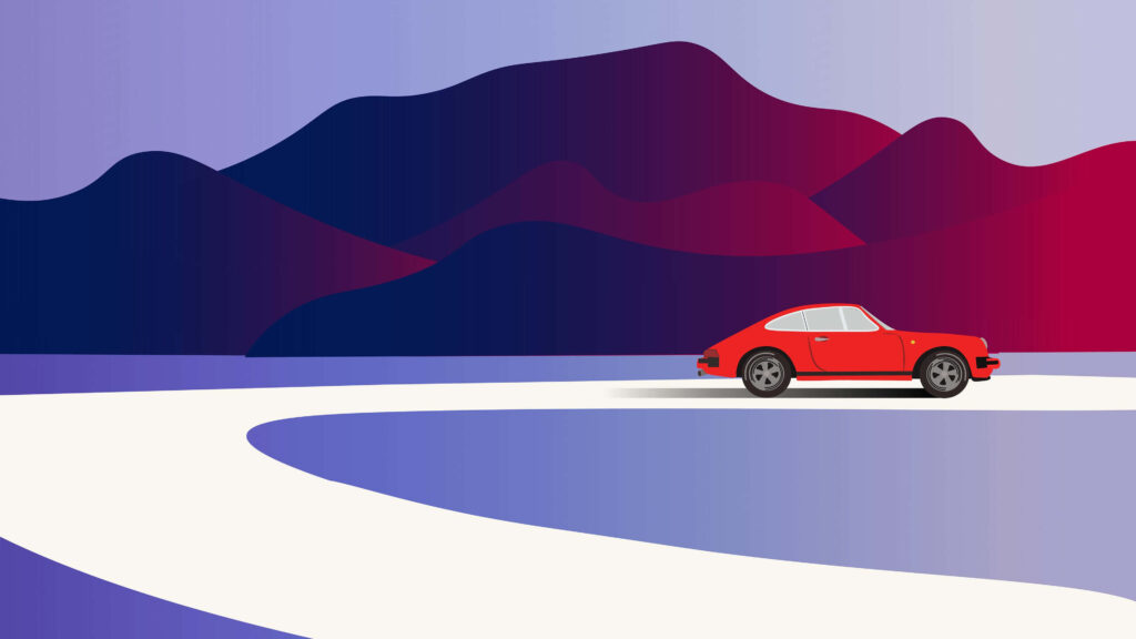 Minimalist Wallpaper: Red Sports Car on Winding Road with Gradient Mountains