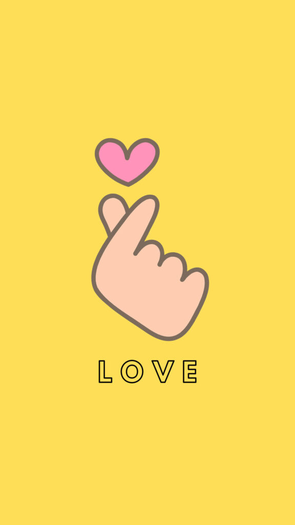 Minimalist Yellow Wallpaper: Finger Heart & Bold 'LOVE' Design