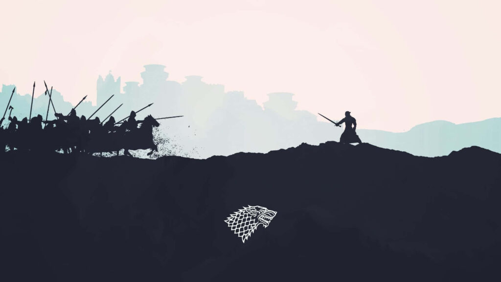 Minimalist Wallpaper: Lone Warrior, Army, and Cityscape with Wolf Emblem