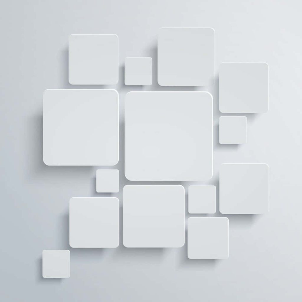 Minimalist white background with floating rounded squares and soft shadows 3D layered effect Wallpaper