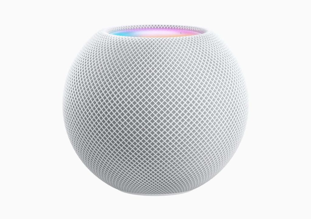 Minimalist white Apple HomePod mini with textured mesh and glowing rainbow touch screen on white background Wallpaper