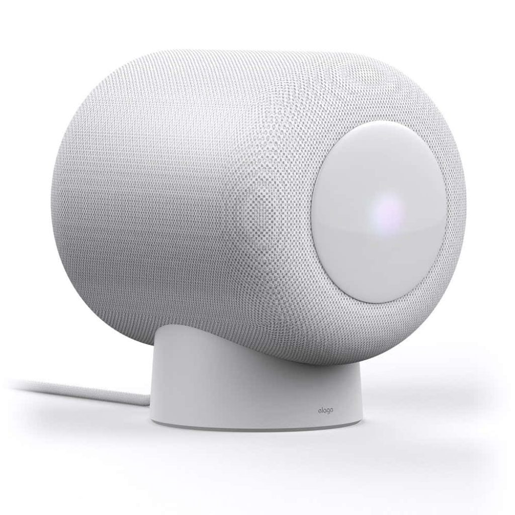 White Apple HomePod mini on elago stand minimalistic bright studio wallpaper background