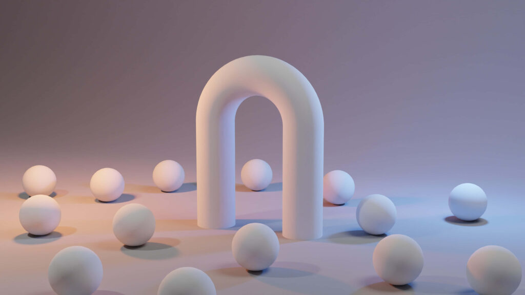 Minimalist Wallpaper with White Arch and Spheres - Calm Gradient Design