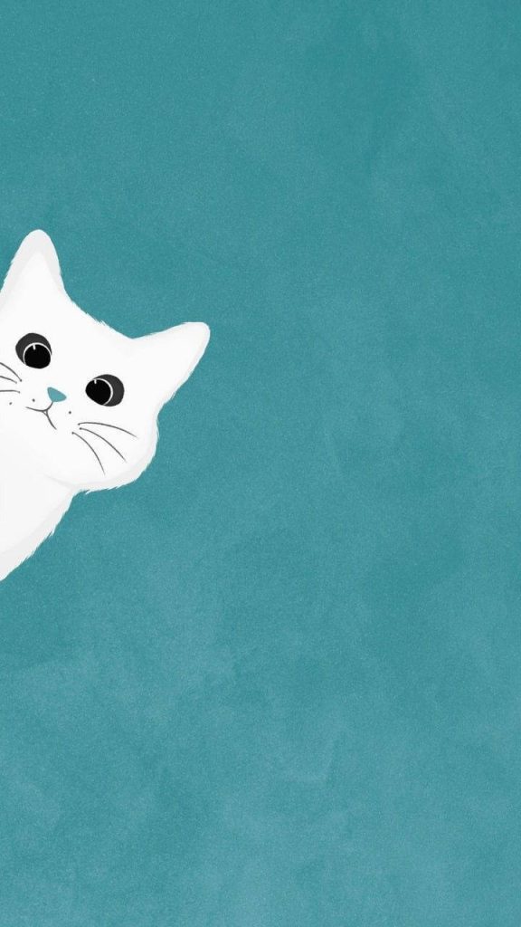 Minimalist wallpaper with white cat peeking left on soft textured teal background for mobile