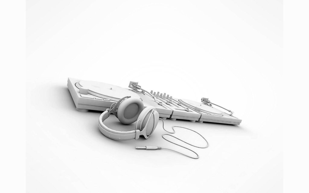 Minimalist 3D white DJ controller and headphones set on a clean modern white background wallpaper