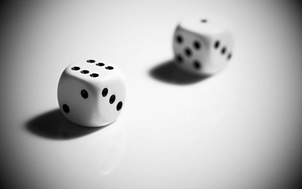 Minimalist wallpaper with two white dice black dots on smooth gradient grey background modern design