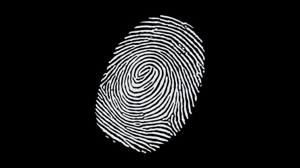 High contrast white fingerprint on black background digital graphic symbolizing identity and forensics Wallpaper