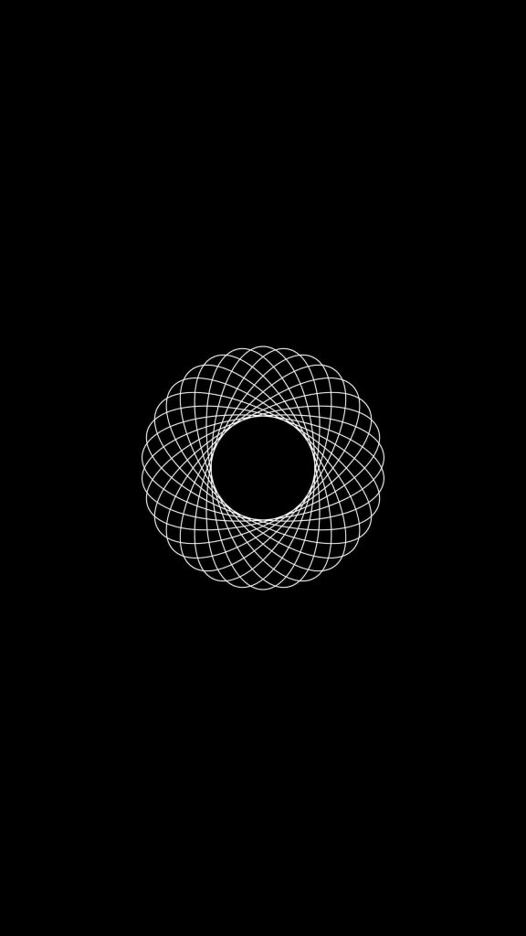 Minimalist white geometric Spirograph pattern on black background modern digital wallpaper