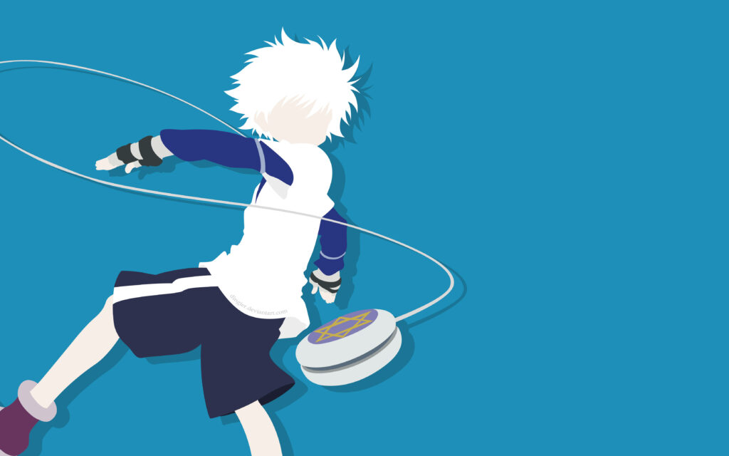 Minimalist White-Haired Character with Yo-Yo on Solid Blue Wallpaper