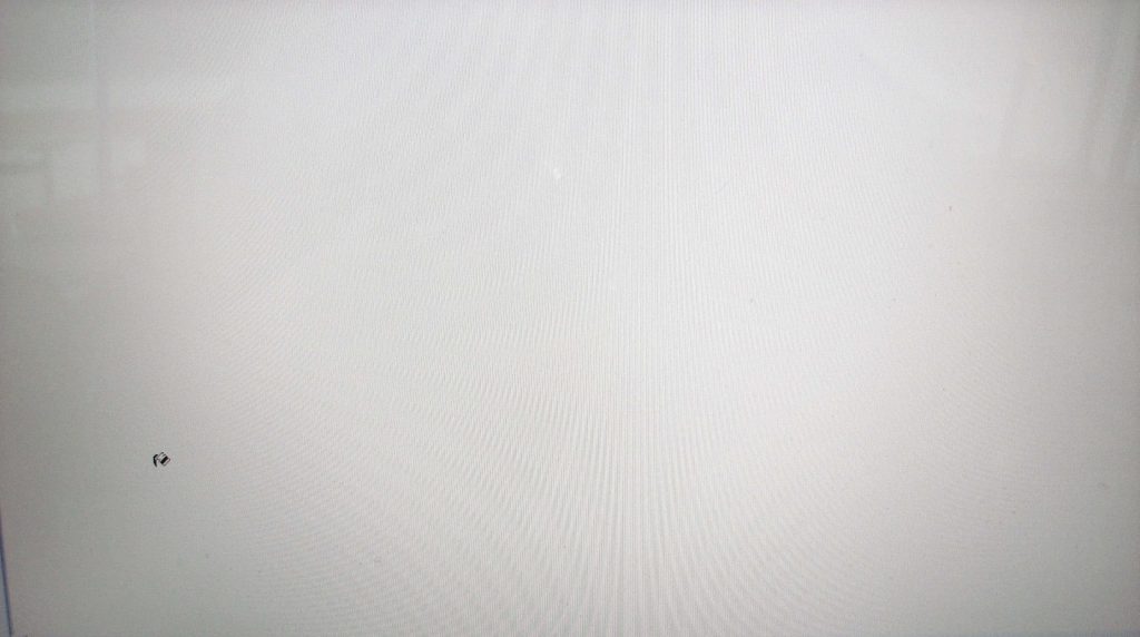 Minimalist white laptop wallpaper showing textured LCD screen with vertical panels and black pixel artifact