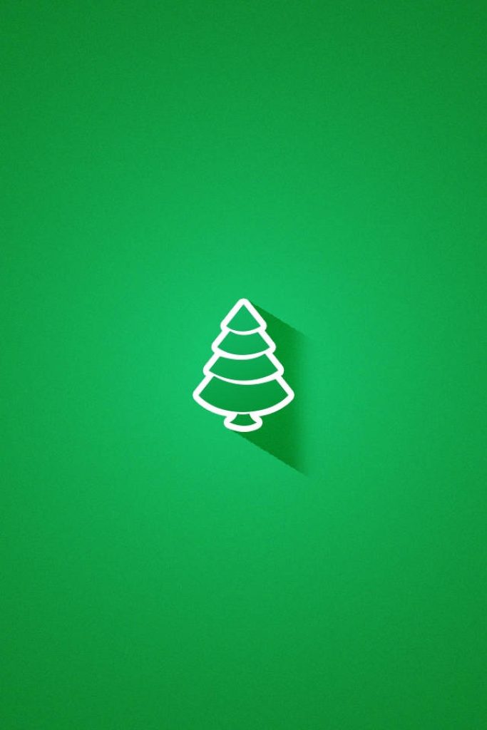 Minimalist white line-art pine tree on vibrant green background with subtle drop shadow festive wallpaper
