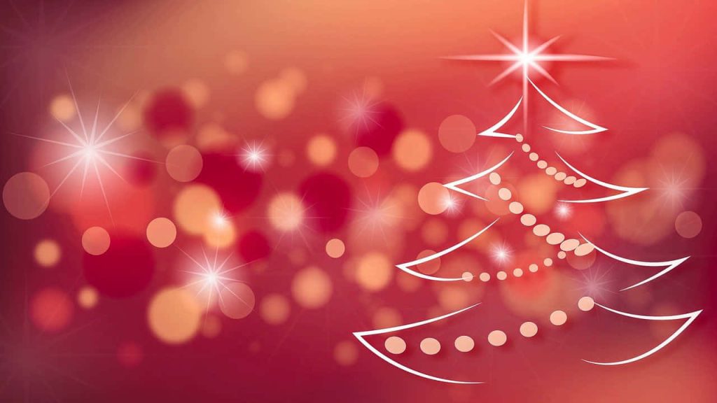 Minimalist white-line Christmas tree on red gradient background with bokeh and starburst lights Wallpaper