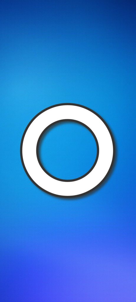 Minimalist wallpaper with bold white O black outline subtle shadow on vibrant blue grid background