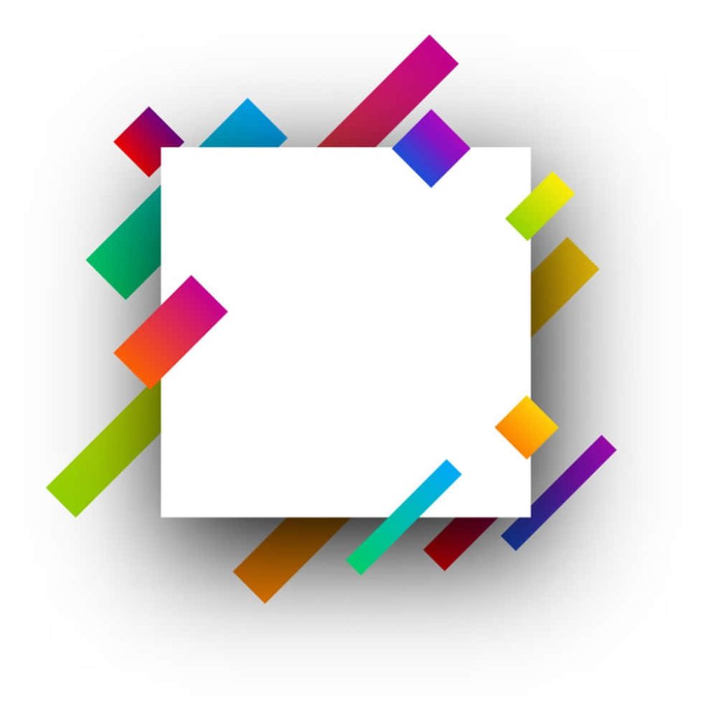 Minimalist white square centerpiece with vibrant multicolored geometric accents digital wallpaper