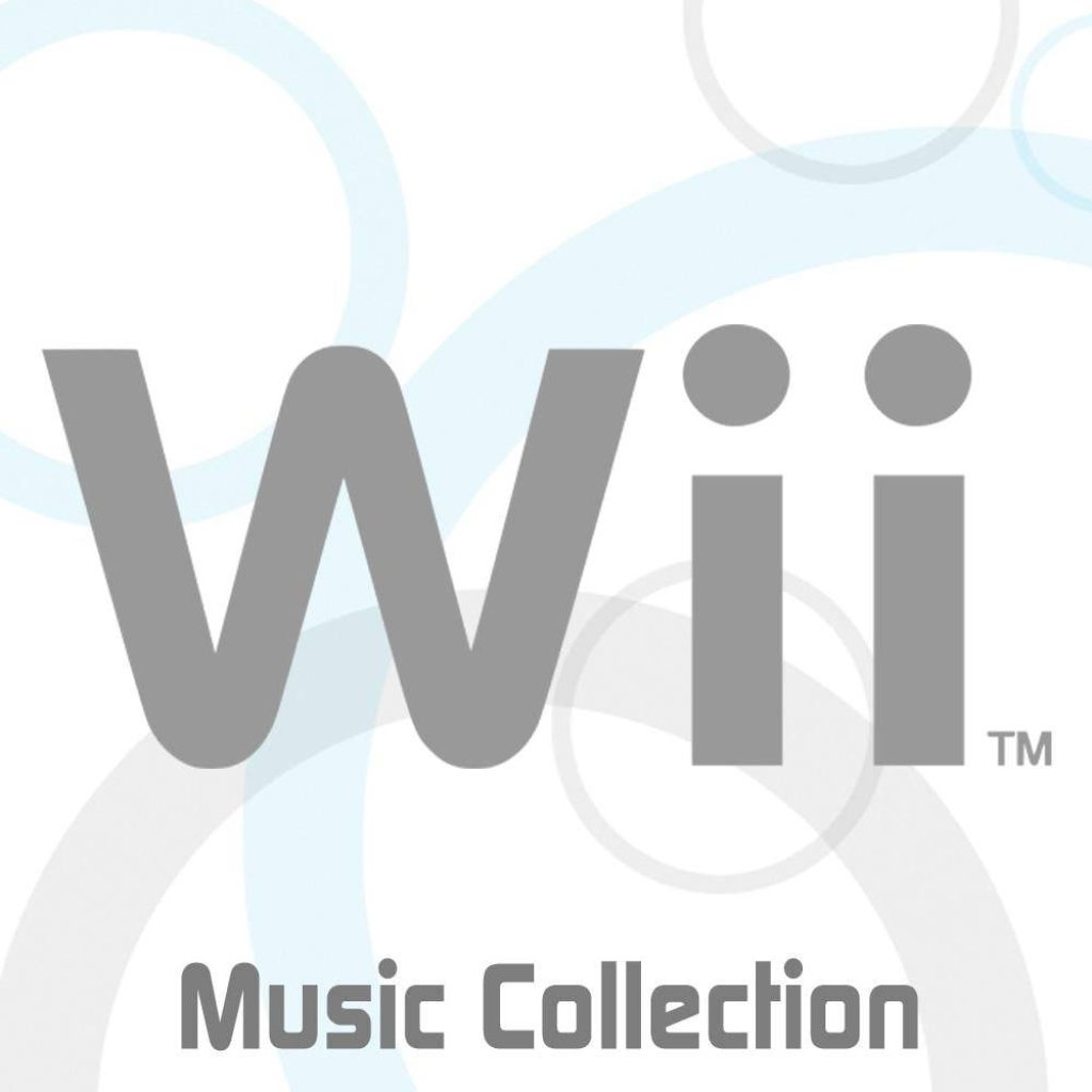 Minimalist Wii Music Collection wallpaper with gray Wii logo on light blue abstract bubbles background