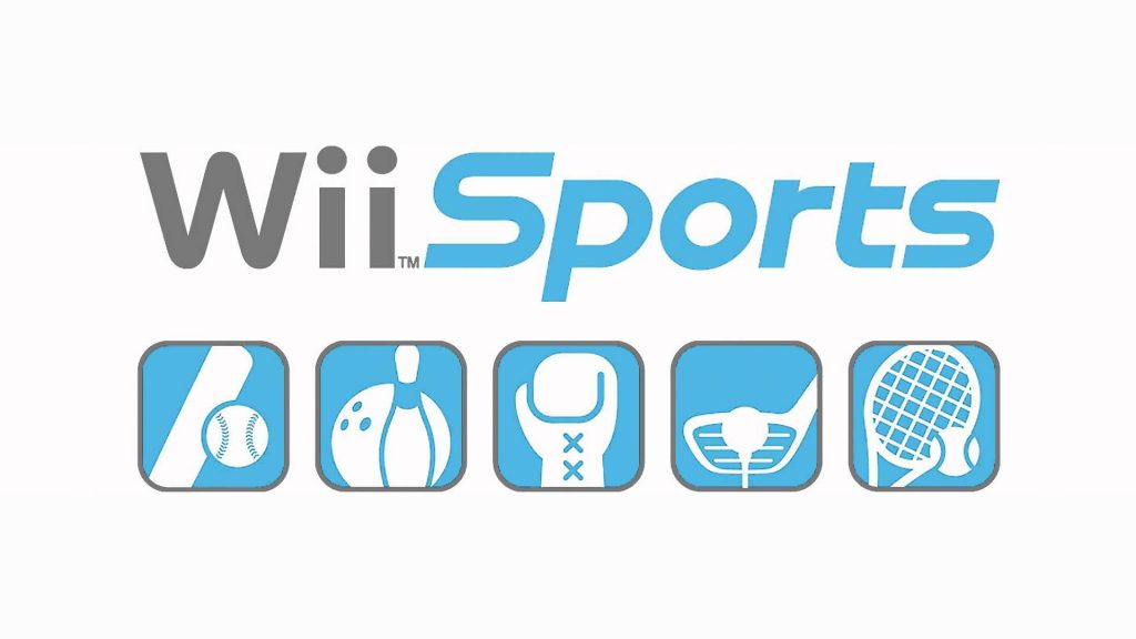 Minimalist Wii Sports wallpaper with iconic logo and five blue sports icons baseball bowling golf tennis boxing