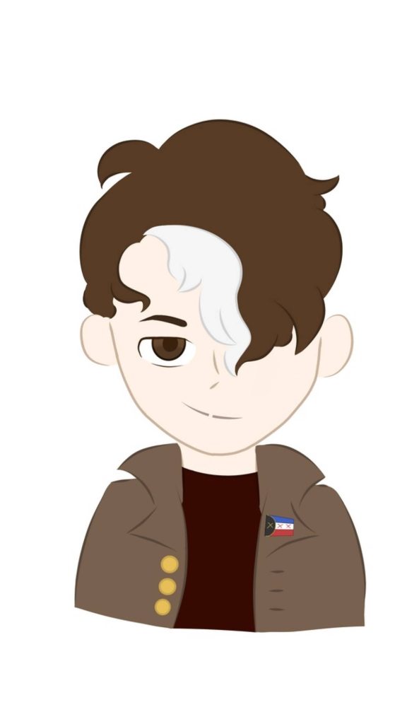Minimalist digital portrait of Wilbur Soot with brown hair white streak and LManberg flag pin Wallpaper