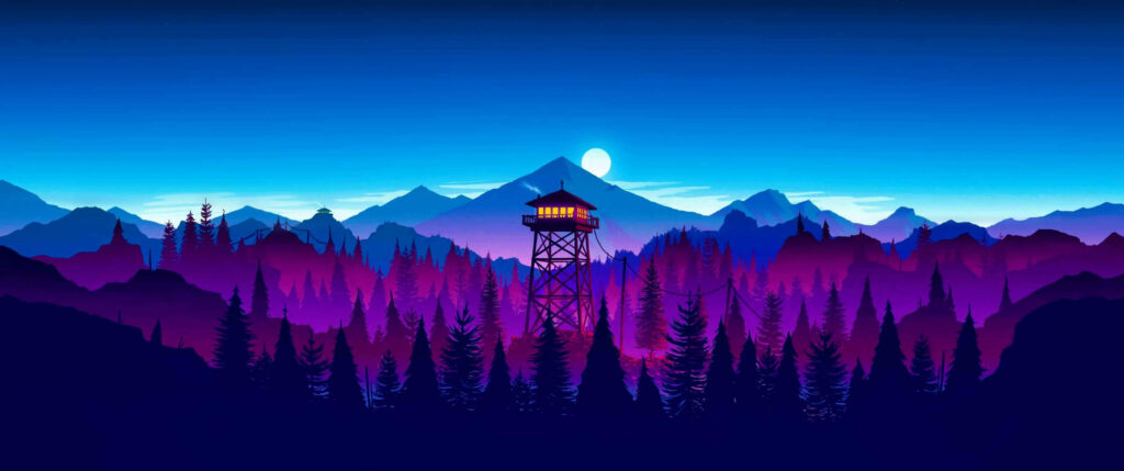 Minimalist Wilderness Wallpaper: Twilight Sky & Watchtower Design