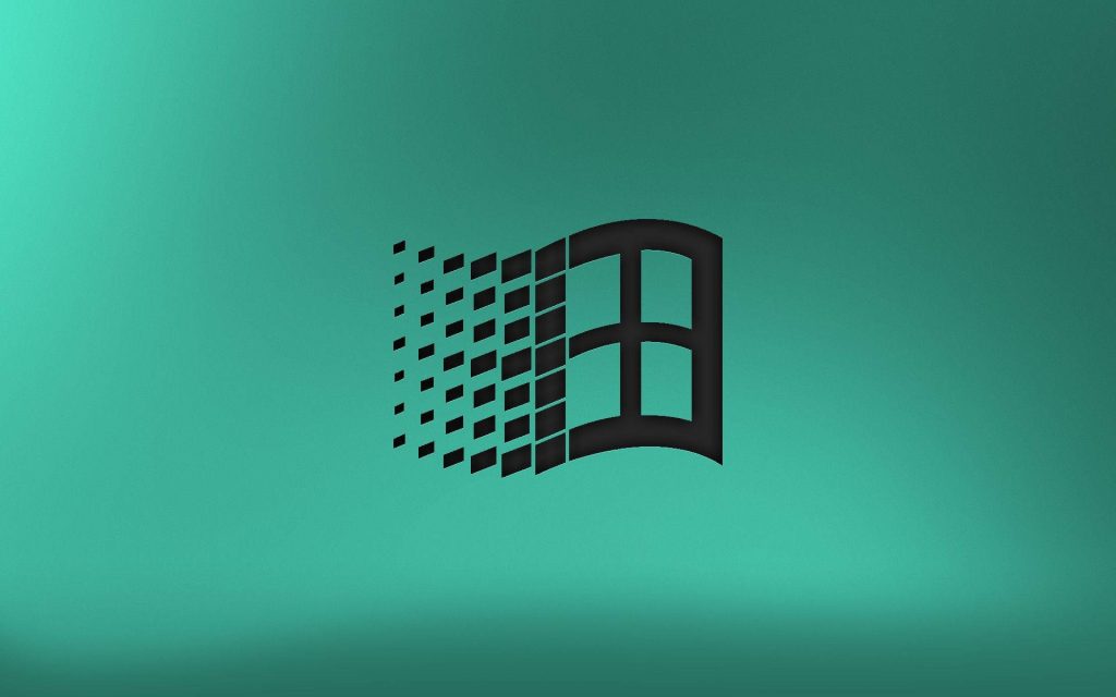 Black Windows 95 logo on smooth teal gradient wallpaper retro computing nostalgia background