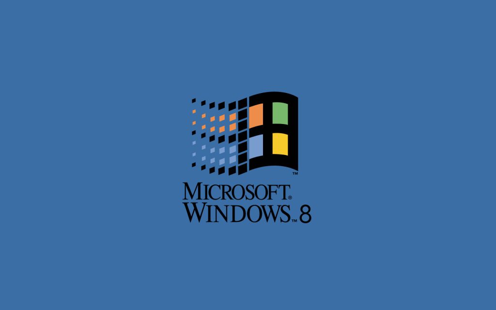 Minimalist wallpaper with pixelated Windows 98 flag and Microsoft Windows 8 text on blue background