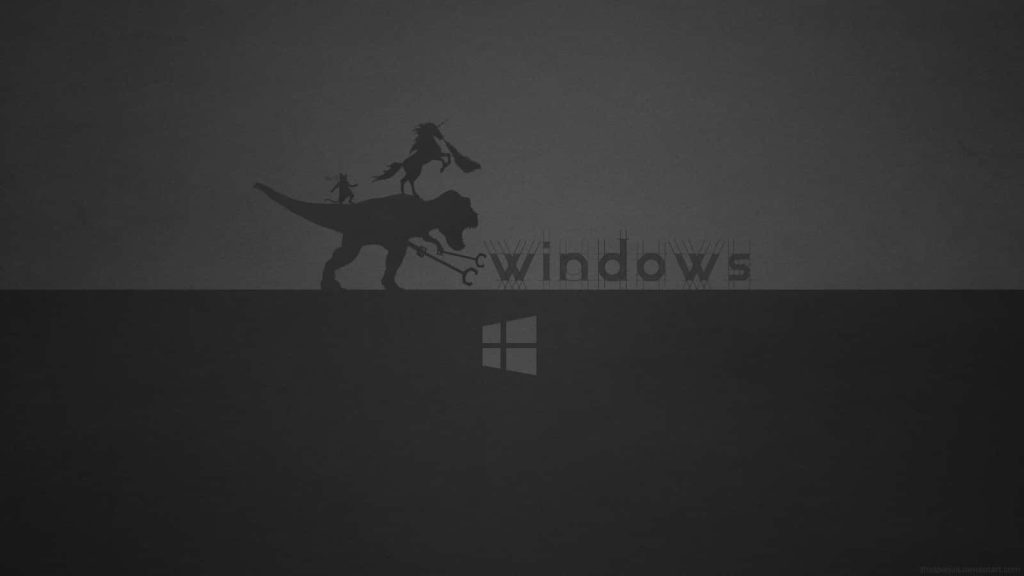 Minimalist black Windows wallpaper with T-Rex carrying mouse and unicorn silhouette design