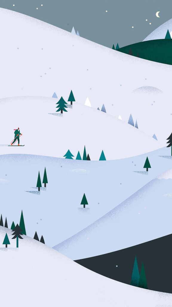 Minimalist Winter Ski Scene Wallpaper: Serene Starry Night Design