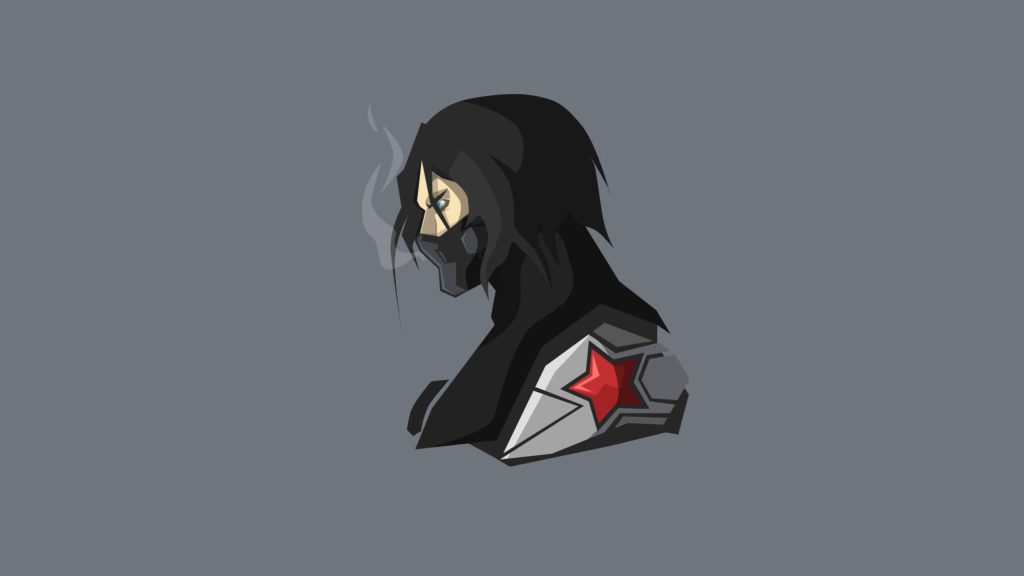 Minimalist Winter Soldier wallpaper featuring Bucky Barnes mask red star metal arm gray background