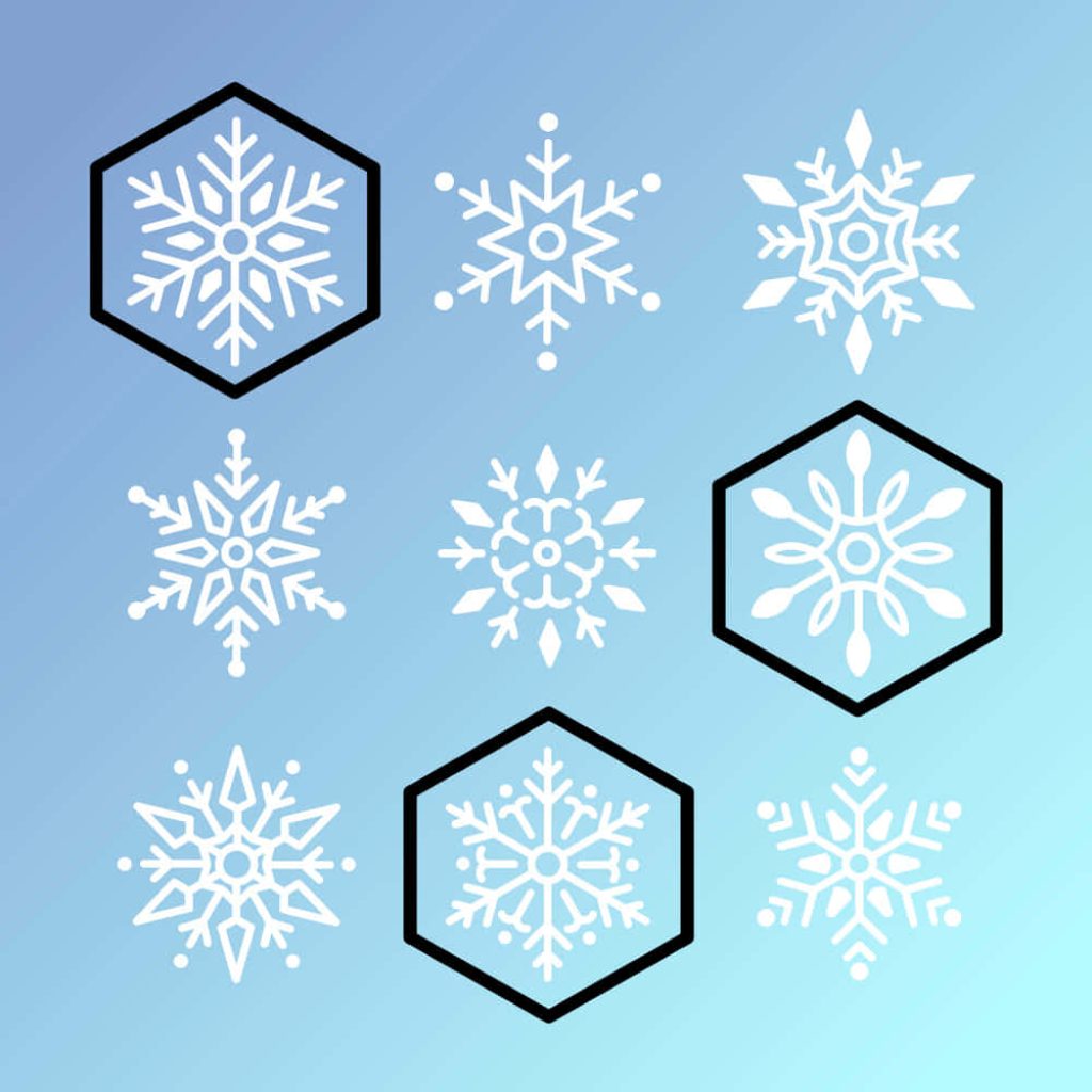 Minimalist white snowflakes on blue gradient background with geometric black hexagon frames winter wallpaper