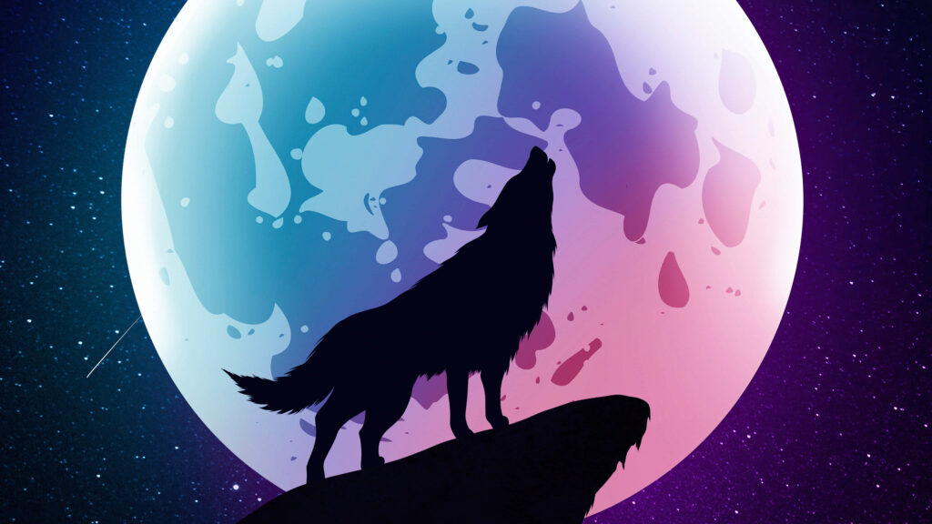 Minimalist Wolf Howling at Colorful Moon - Starry Night Wallpaper