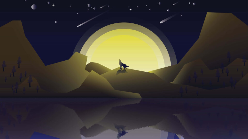 Lone Wolf Silhouette with Glowing Moon: Tranquil Minimalist Wallpaper