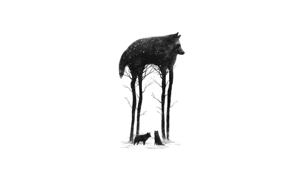 Majestic Black Wolf Minimalist Wallpaper with Tree Trunks & Smaller Wolves