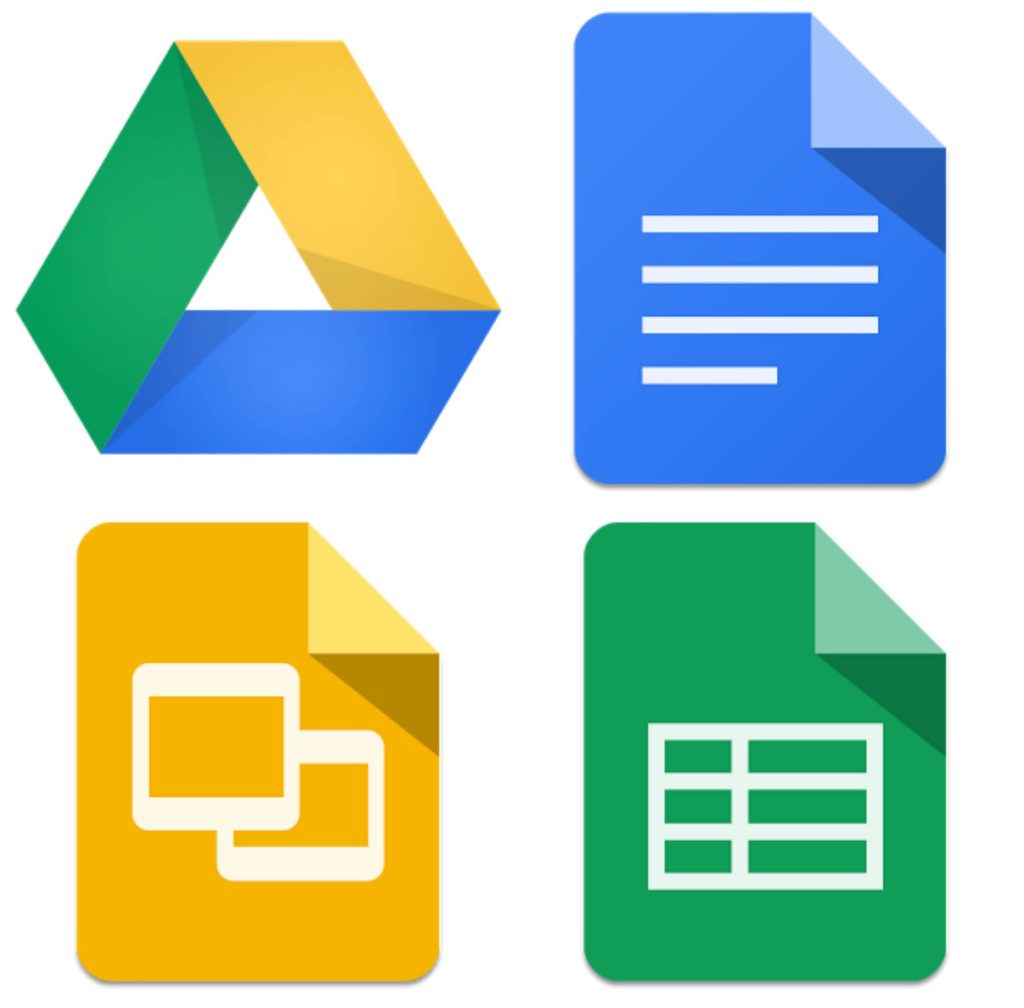 Minimalist wallpaper with Google Drive Docs Slides Sheets logos in a clean white grid layout